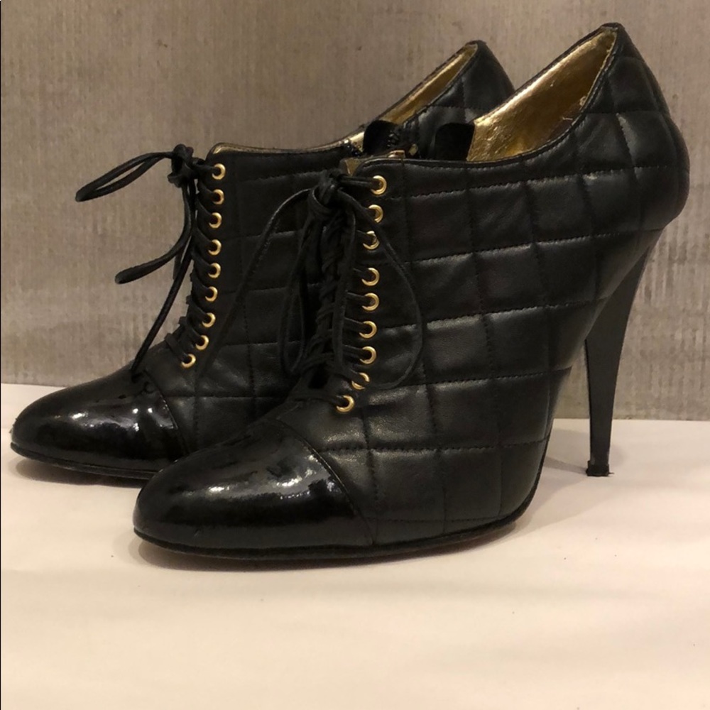 Leather Quilted Black Booties with Patent Cap Toe